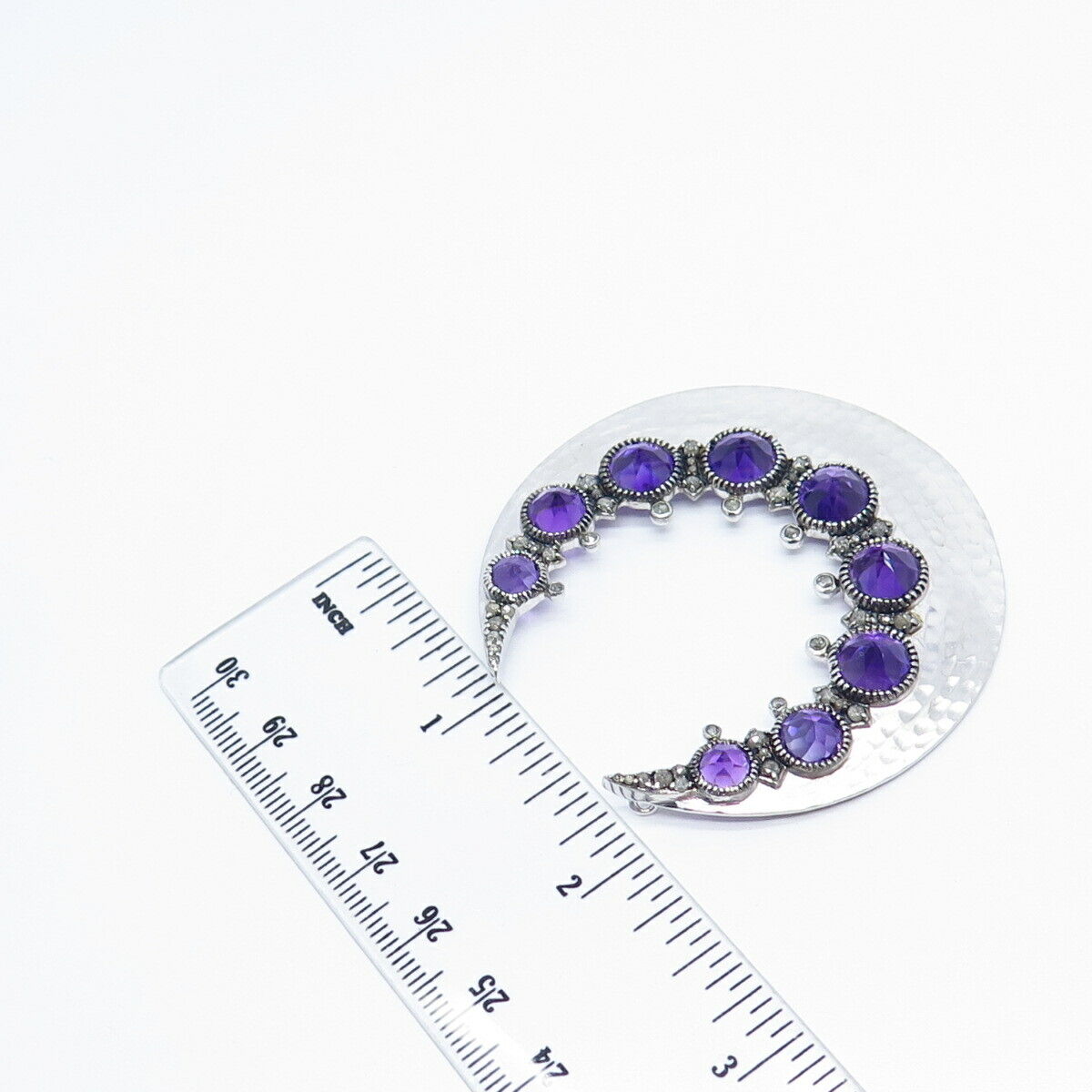 925 Sterling Silver Diamond & Amethyst Gem Hammered Finish Necklace Central Part