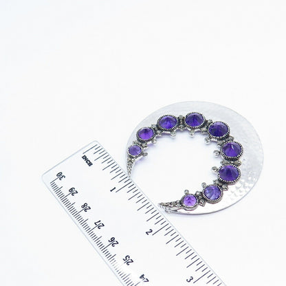 925 Sterling Silver Diamond & Amethyst Gem Hammered Finish Necklace Central Part