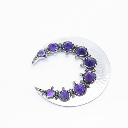 925 Sterling Silver Diamond & Amethyst Gem Hammered Finish Necklace Central Part