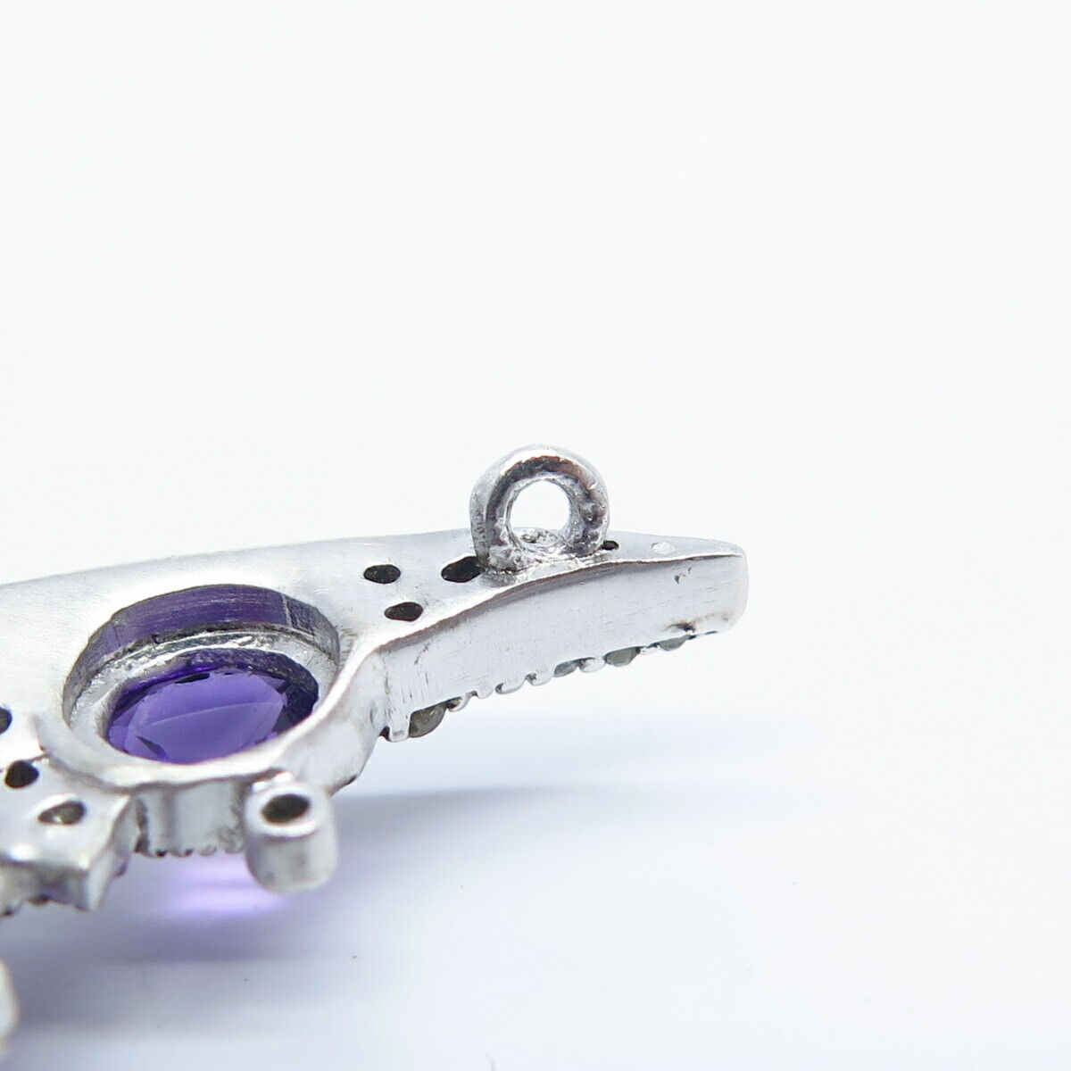 925 Sterling Silver Diamond & Amethyst Gem Hammered Finish Necklace Central Part