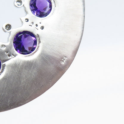 925 Sterling Silver Diamond & Amethyst Gem Hammered Finish Necklace Central Part