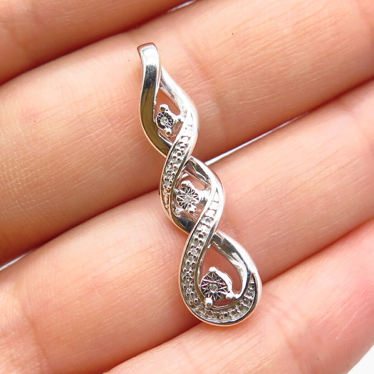 925 Sterling Silver Real White Diamond Spiral Slide Pendant