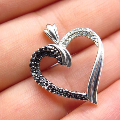 925 Sterling Silver Real White & Black Diamond Open Heart Pendant