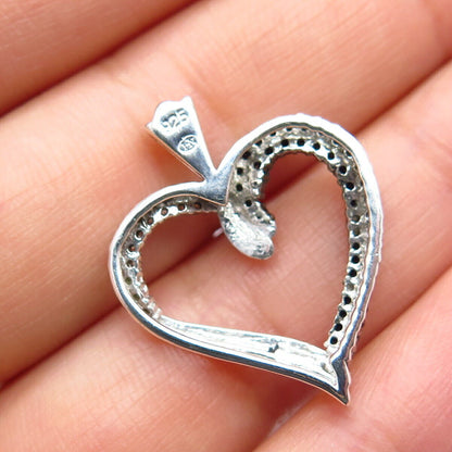 925 Sterling Silver Real White & Black Diamond Open Heart Pendant