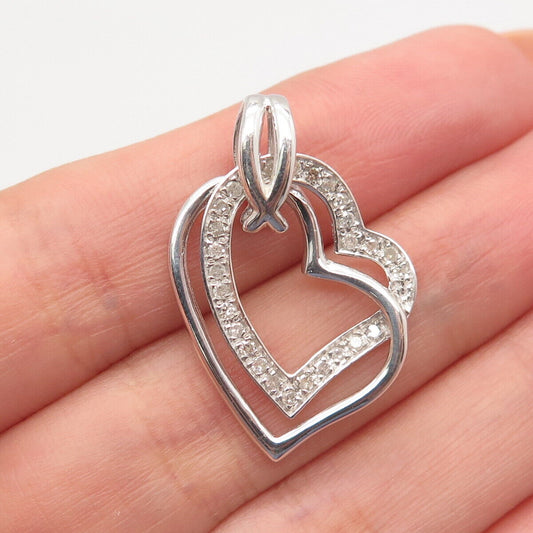 925 Sterling Silver Real White Diamond Double Heart Pendant