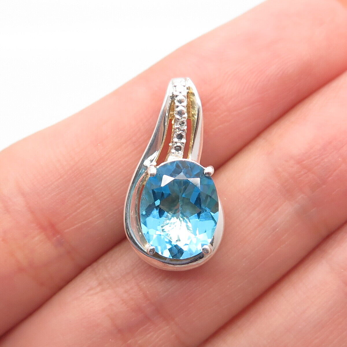 925 Sterling Silver SAI Real Diamond Accent & Blue Topaz Gem Minimalist Pendant