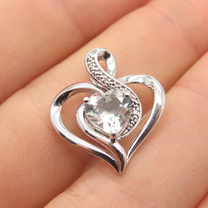 925 Sterling Silver RL Real Diamond Accent & Clear Quartz Heart Charm Pendant