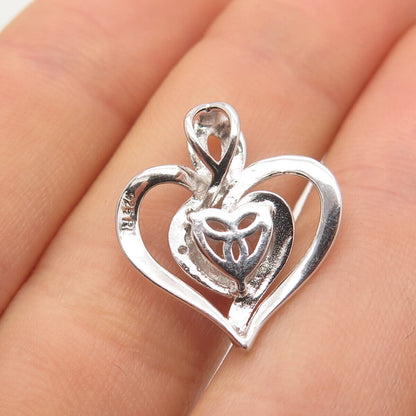 925 Sterling Silver RL Real Diamond Accent & Clear Quartz Heart Charm Pendant