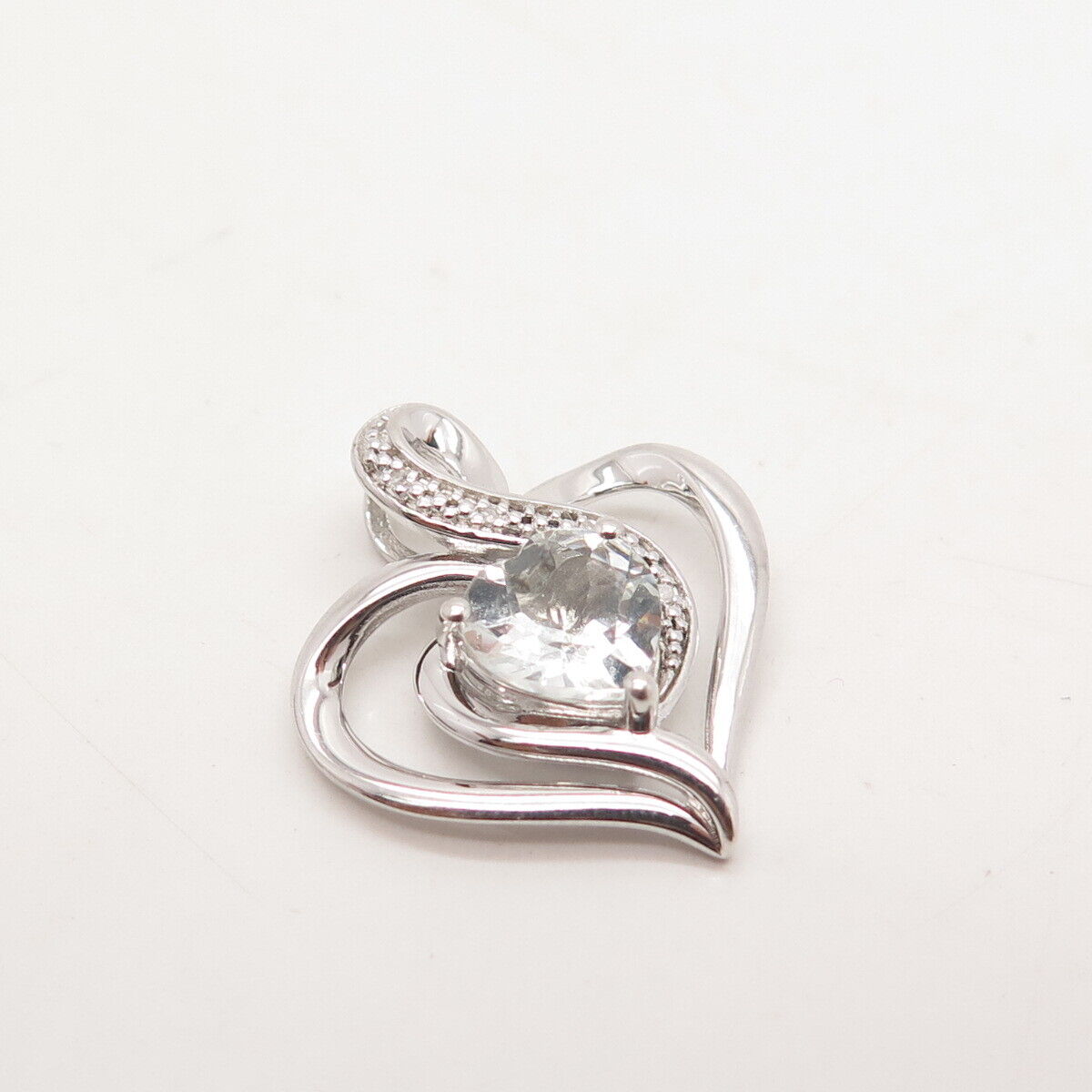 925 Sterling Silver RL Real Diamond Accent & Clear Quartz Heart Charm Pendant