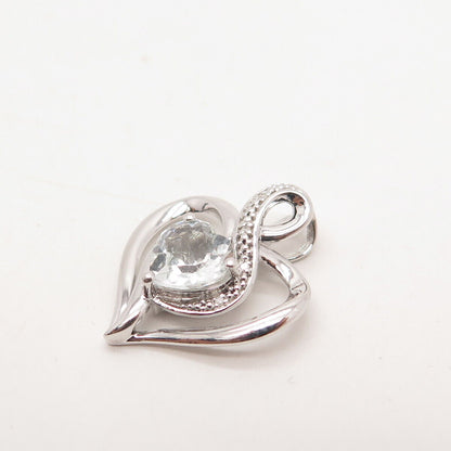 925 Sterling Silver RL Real Diamond Accent & Clear Quartz Heart Charm Pendant