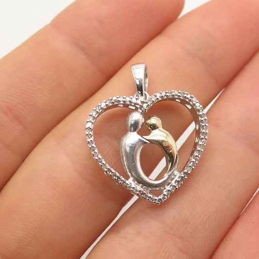 925 Sterling Silver / 10K Gold Real Diamond Mother & Baby Heart Pendant