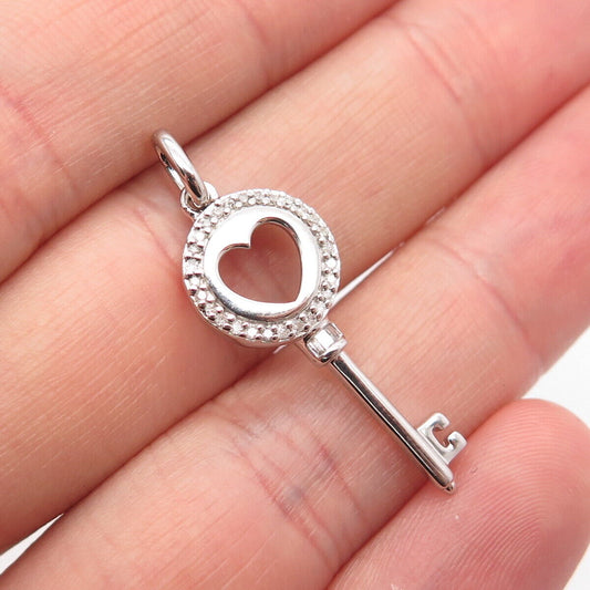 925 Sterling Silver SUN Real White Diamond Heart Key Pendant