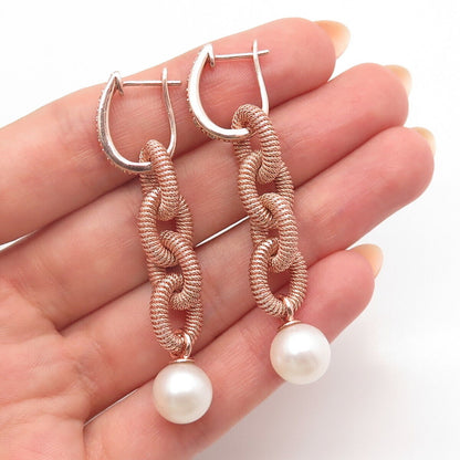 925 Sterling Silver Rose Gold Plated Real Diamond & Pearl Dangling Earrings