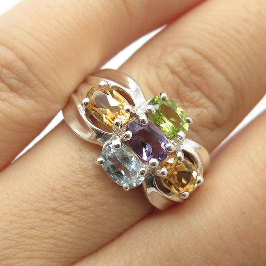 925 Sterling Silver Vintage Real Blue Topaz Amethyst Citrine Peridot Ring Size 8