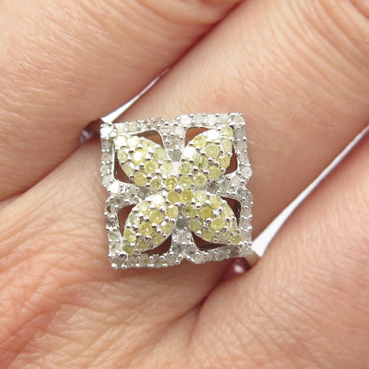 925 Sterling Silver Real Yellow & White Diamond Ring Size 10