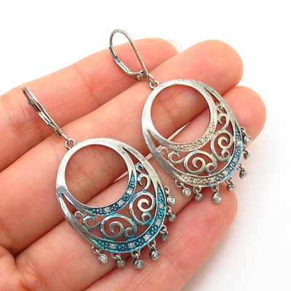 925 Sterling Silver Real Diamond Ethnic Design Dangling Earrings