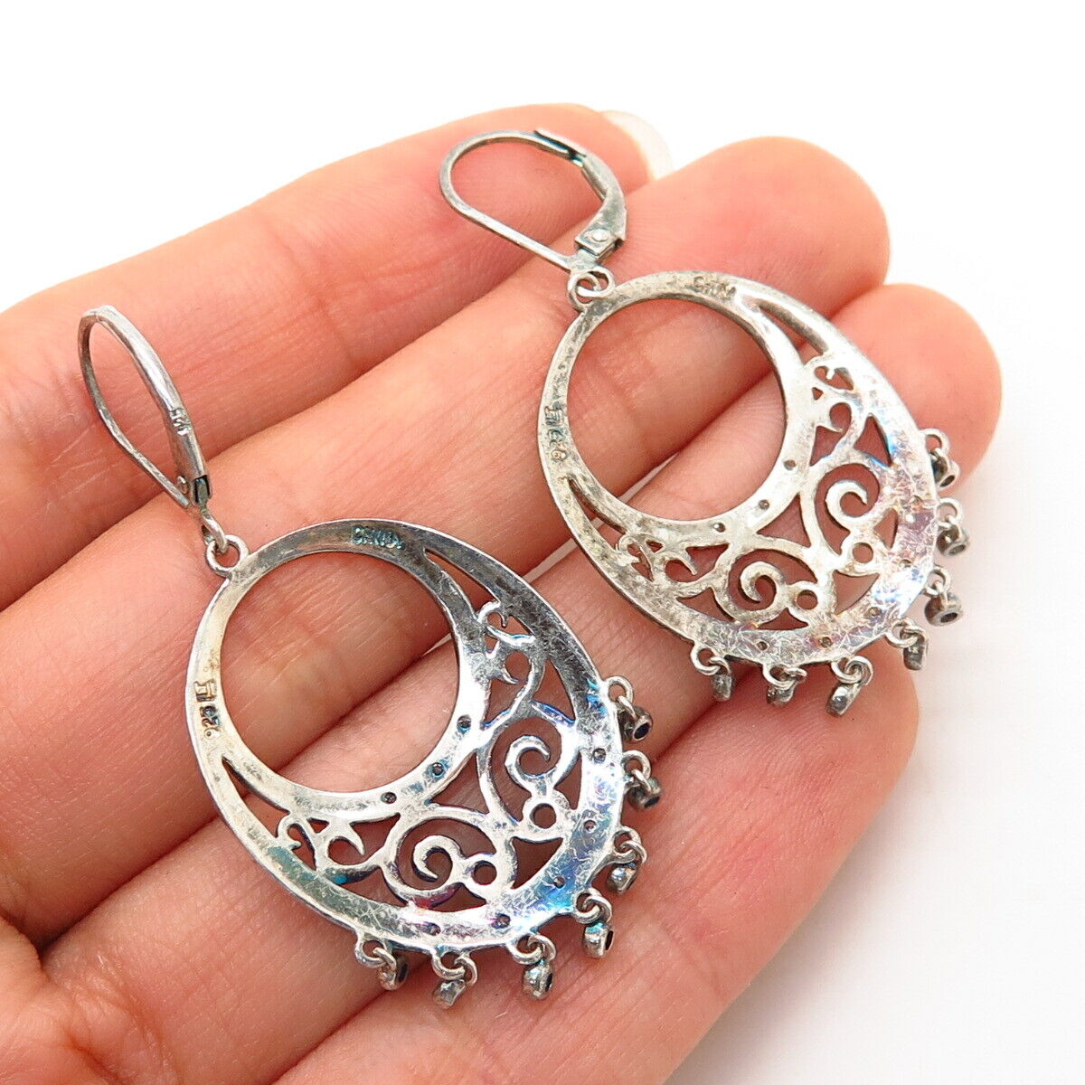 925 Sterling Silver Real Diamond Ethnic Design Dangling Earrings