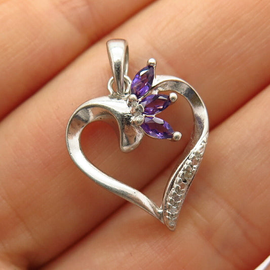 925 Sterling Silver Real Diamond Accent & Amethyst Gemstone Heart Pendant