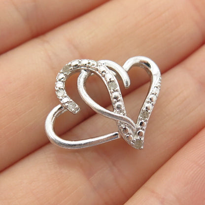 925 Sterling Silver Real Diamond Couple of Heart Slide Pendant