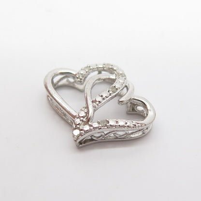 925 Sterling Silver Real Diamond Couple of Heart Slide Pendant