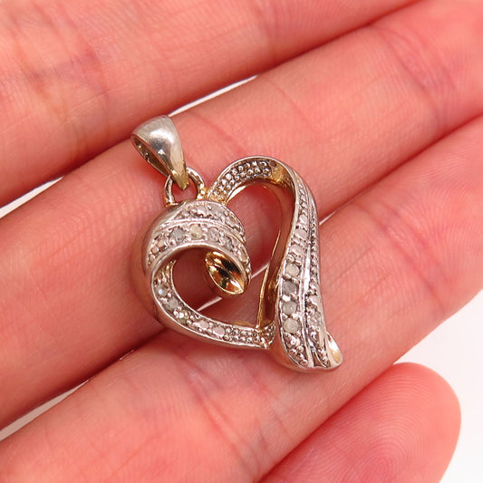 925 Sterling Silver 2-Tone Real Diamond Heart Design Pendant