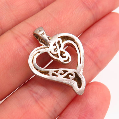 925 Sterling Silver 2-Tone Real Diamond Heart Design Pendant