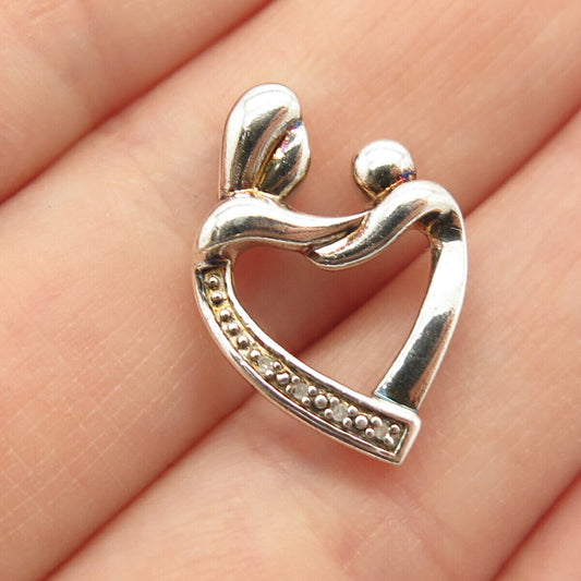 925 Sterling Silver Vintage Real Diamond Mother & Child Heart Slide Pendant