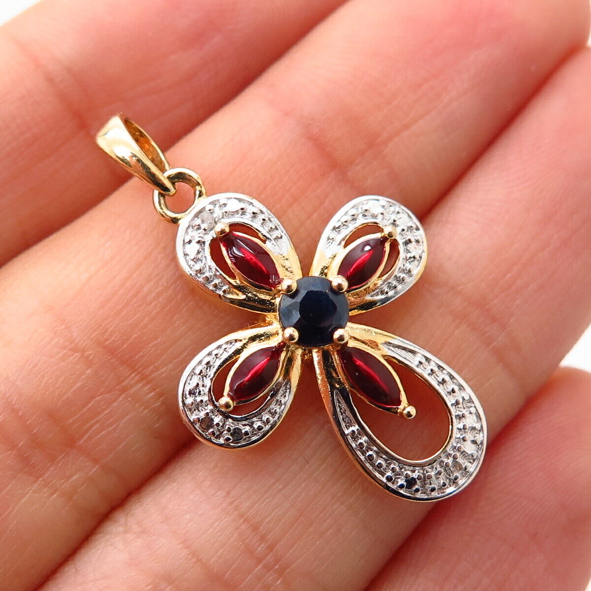 925 Sterling Gold Plated Real Diamond Accent & Sapphire Gem Enamel Cross Pendant