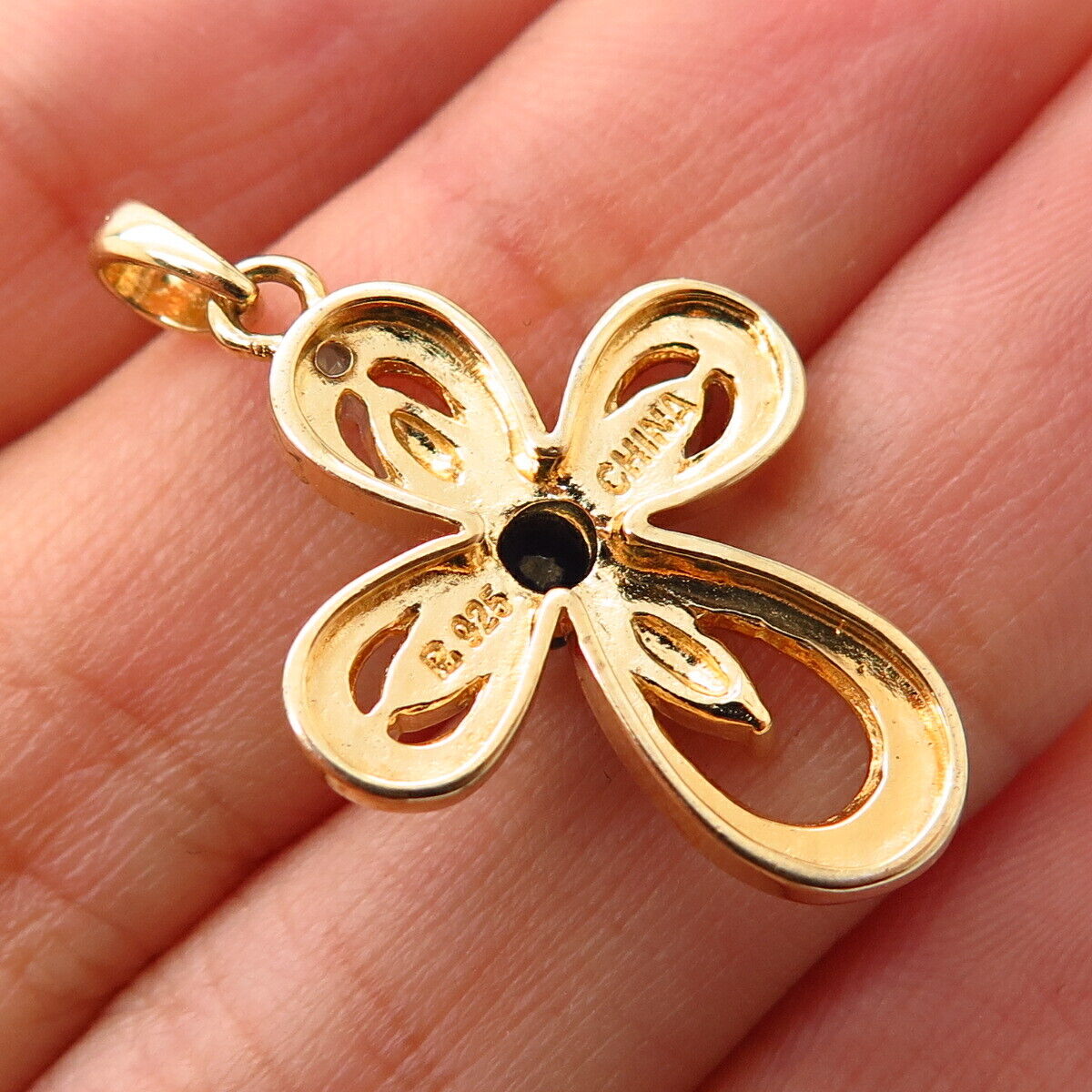 925 Sterling Gold Plated Real Diamond Accent & Sapphire Gem Enamel Cross Pendant