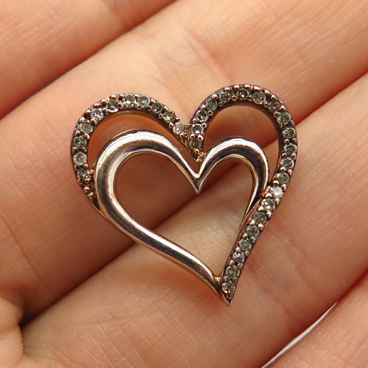 925 Sterling Silver Real Diamond Open Heart Design Slide Pendant