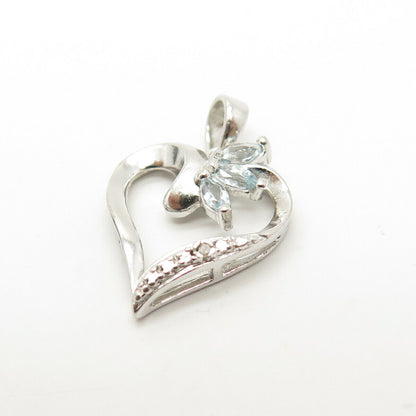 925 Sterling Silver Real Diamond Accent & Blue Topaz Gem Open Heart Pendant