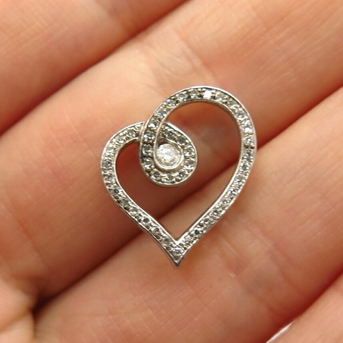 925 Sterling Silver Pave Real Diamond Open Heart Design Slide Pendant