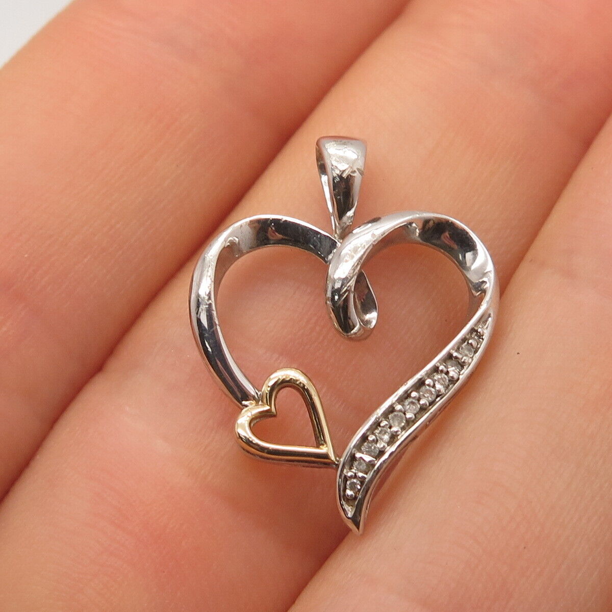 925 Sterling Silver / 10K Gold Real White Diamond Double Heart Pendant