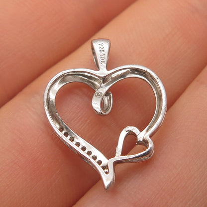 925 Sterling Silver / 10K Gold Real White Diamond Double Heart Pendant