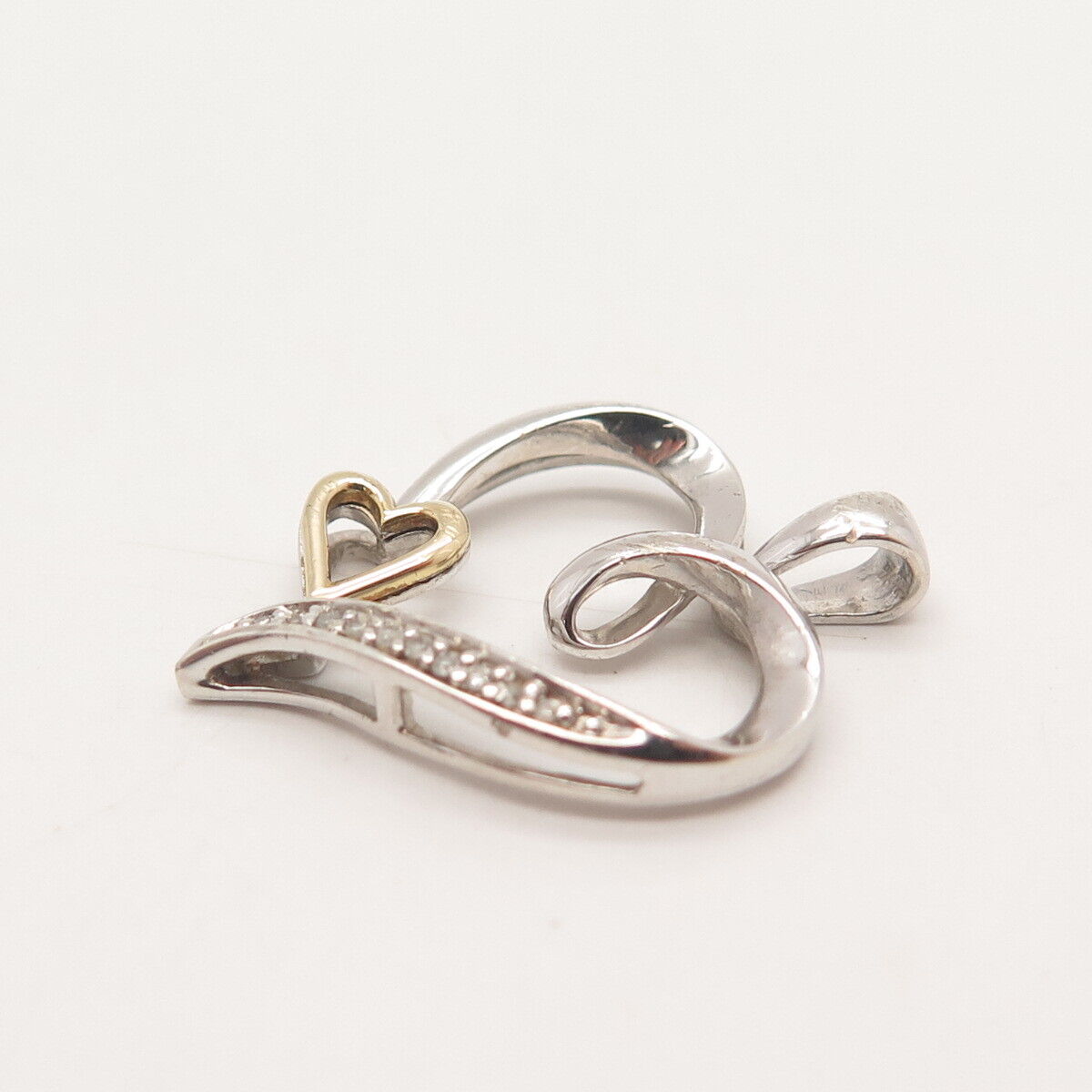 925 Sterling Silver / 10K Gold Real White Diamond Double Heart Pendant