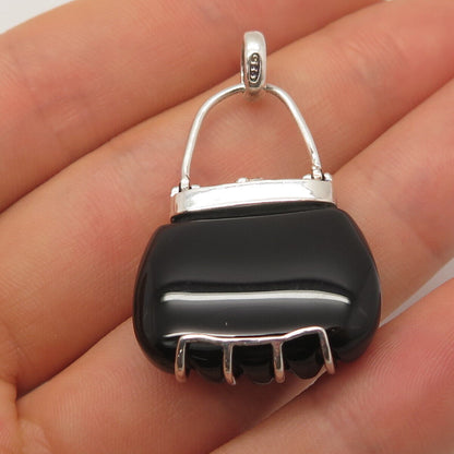 925 Sterling Silver Real Diamond Accent & Black Onyx Gem Lady's Bag Pendant