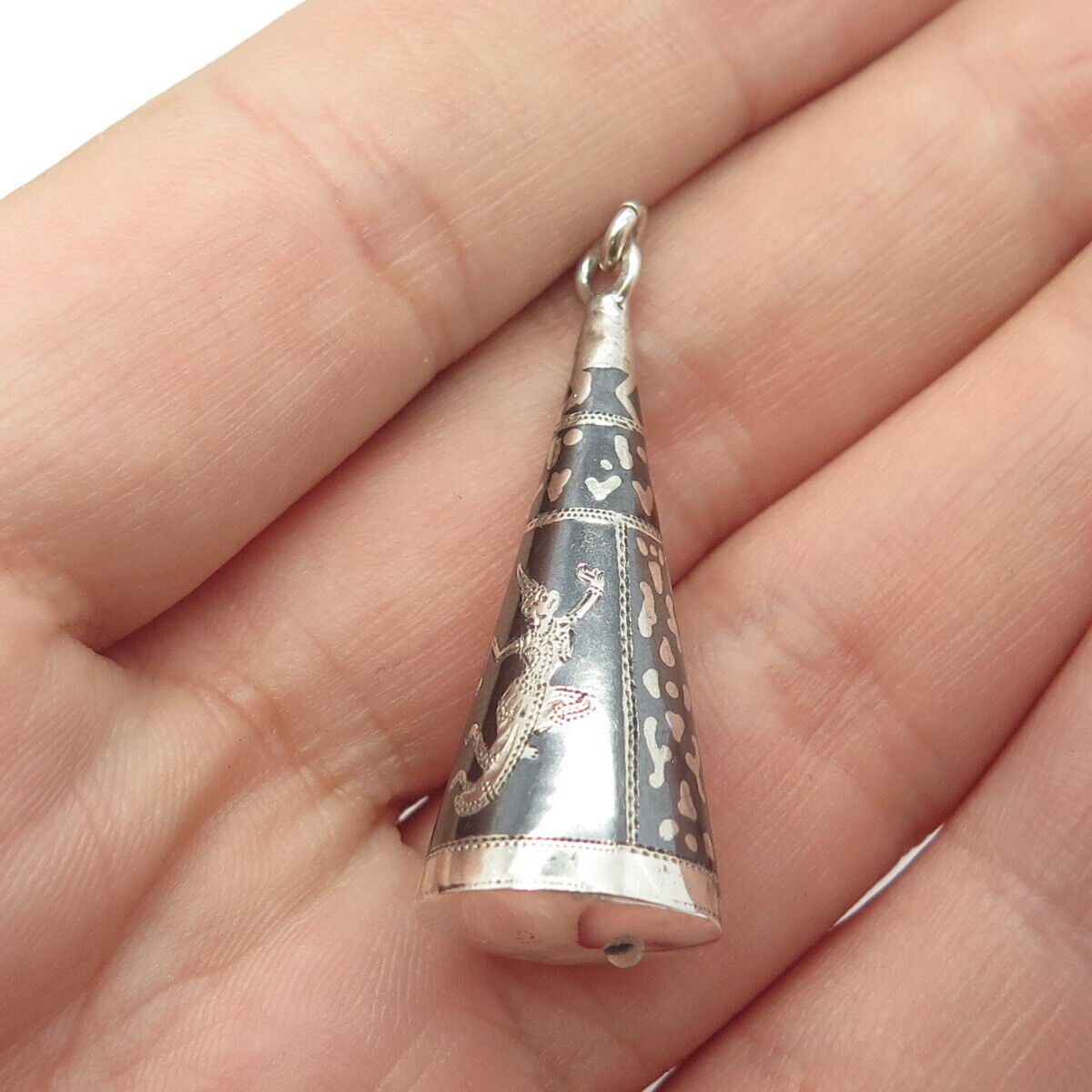 925 Sterling Silver Vintage Siam Niello Hindu Goddess Cone Pendant