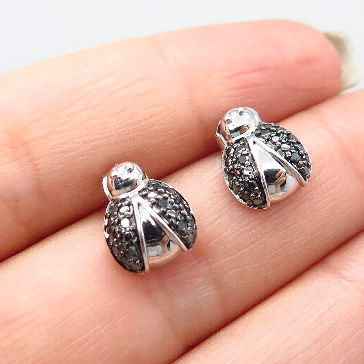 925 Sterling Silver SUN Real Black Diamond Ladybug Stud Earrings