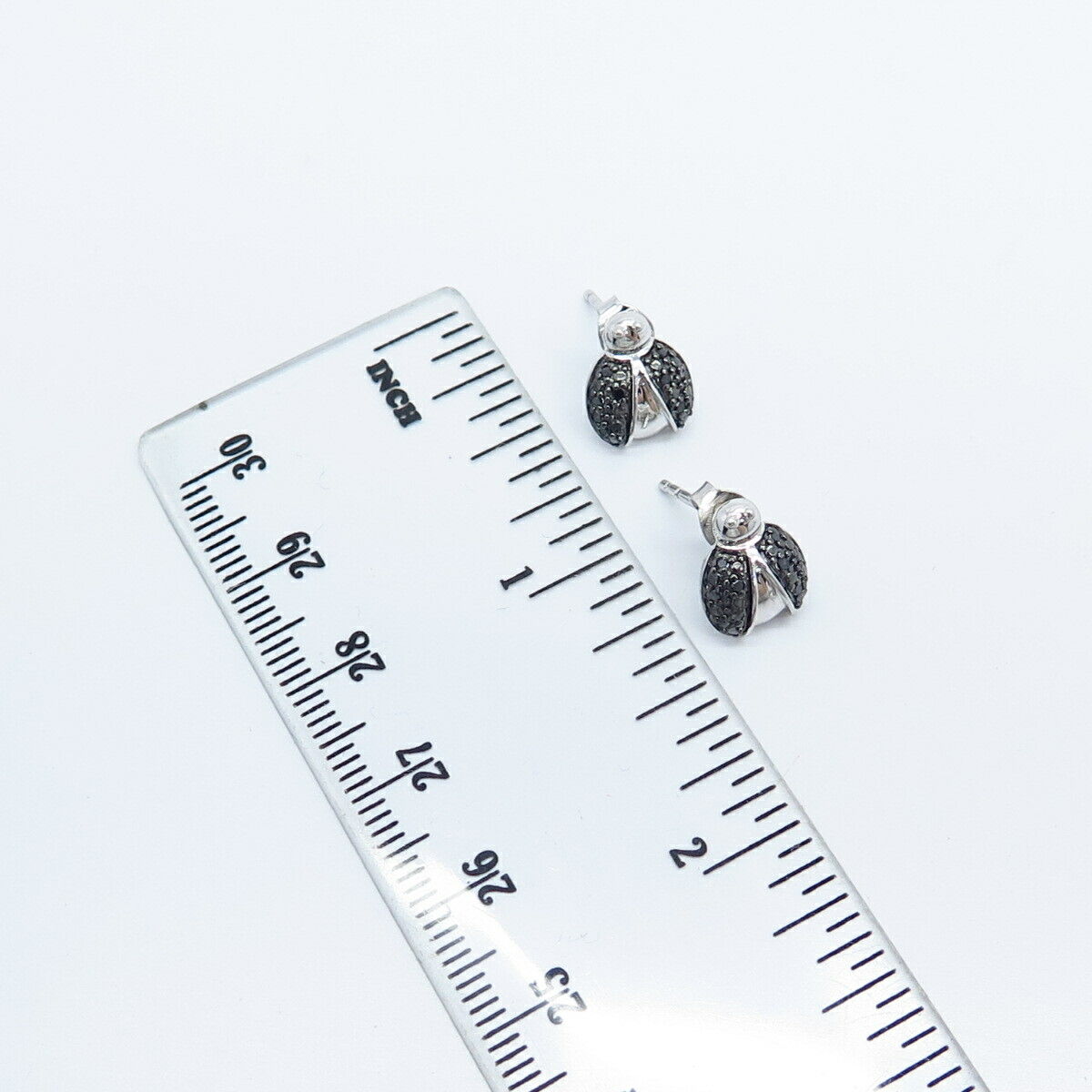 925 Sterling Silver SUN Real Black Diamond Ladybug Stud Earrings