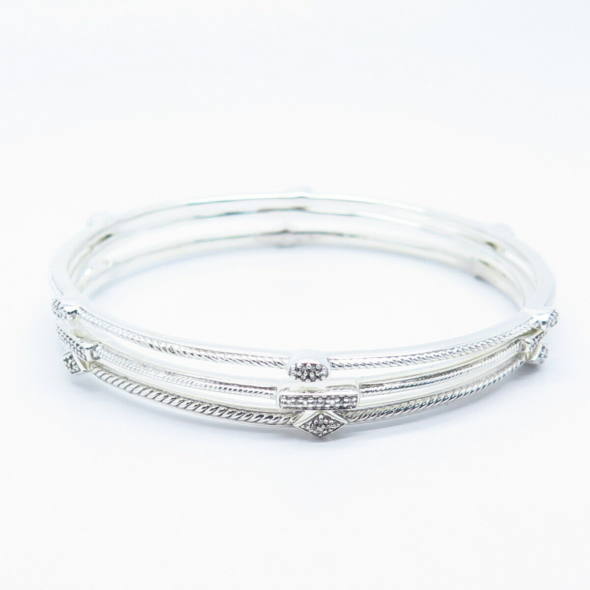 925 Sterling Silver Jane Seymour Real White Diamond Set of 3 Bangle Bracelets 8"