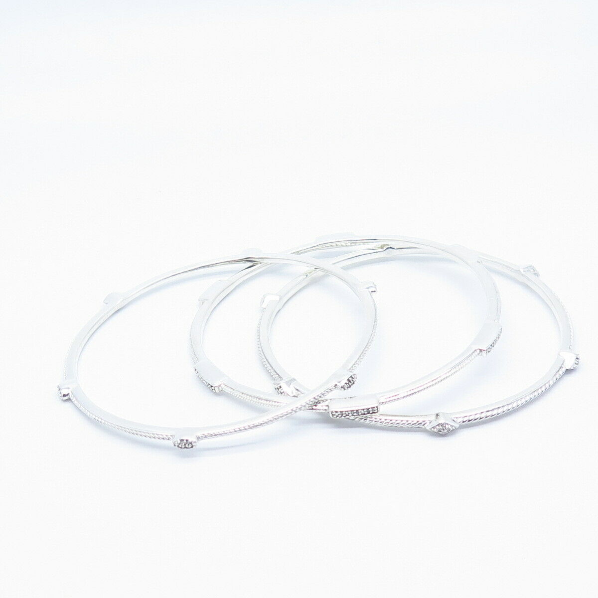 925 Sterling Silver Jane Seymour Real White Diamond Set of 3 Bangle Bracelets 8"