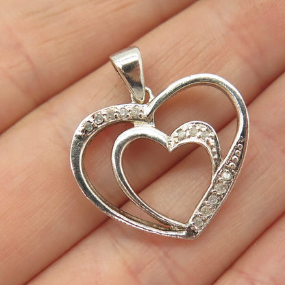 925 Sterling Silver Real Diamond Double Open Hearts Pendant