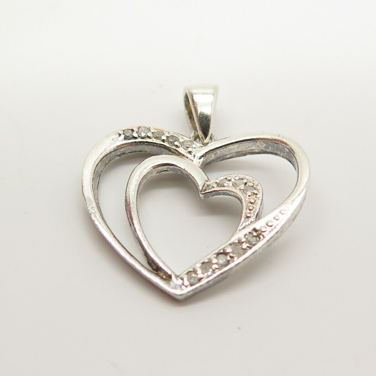 925 Sterling Silver Real Diamond Double Open Hearts Pendant