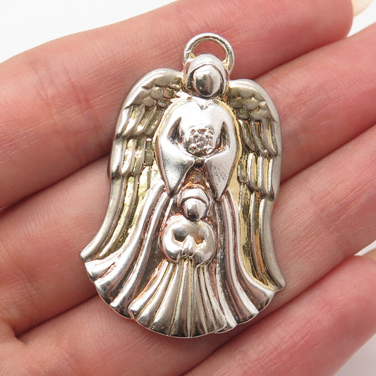 925 Sterling Silver 2-Tone Vintage Gorham Real Diamond Guardian Angel Pendant