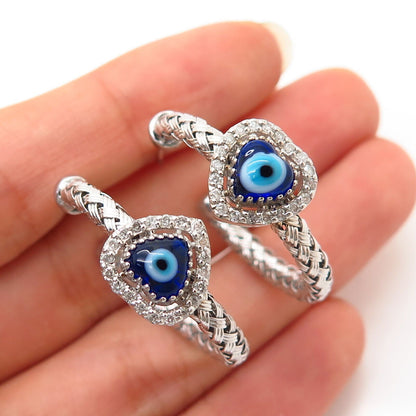 925 Sterling Silver Real Diamond & Art Glass Evil Eye Woven Design Hoop Earrings