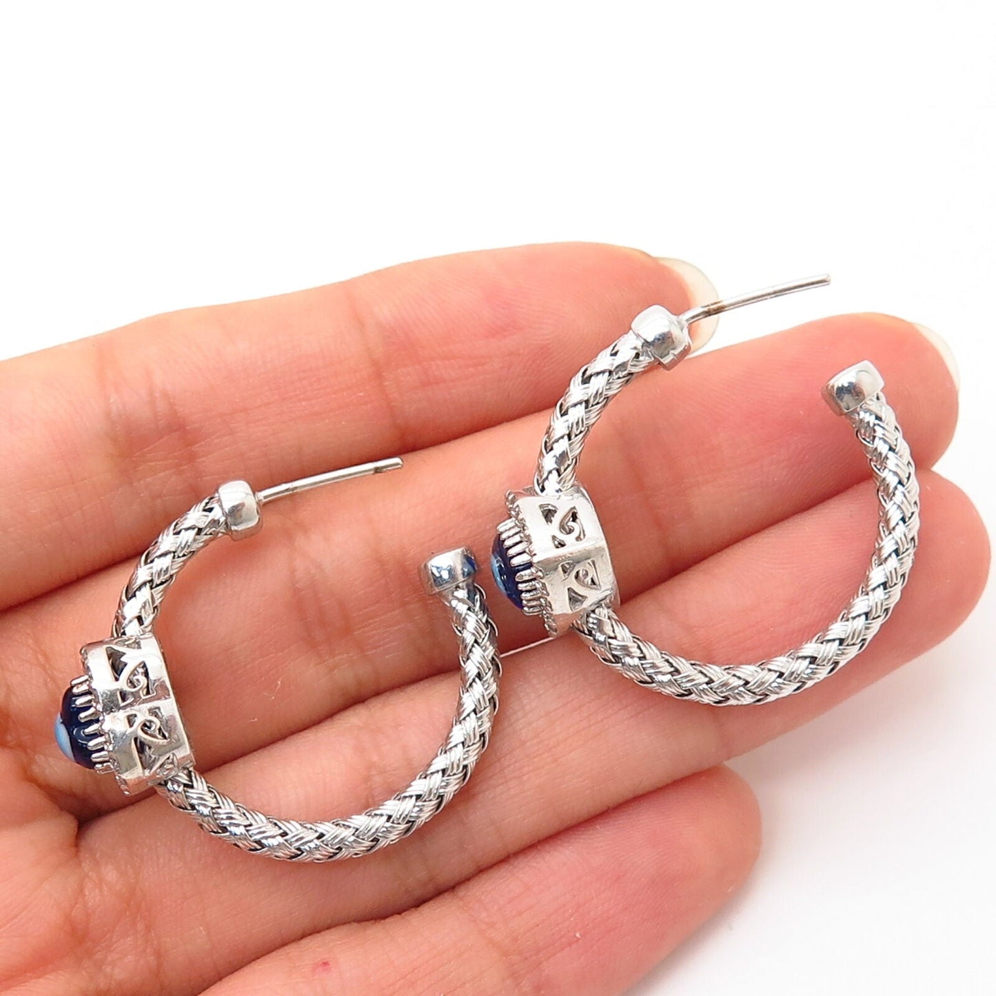 925 Sterling Silver Real Diamond & Art Glass Evil Eye Woven Design Hoop Earrings