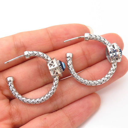 925 Sterling Silver Real Diamond & Art Glass Evil Eye Woven Design Hoop Earrings