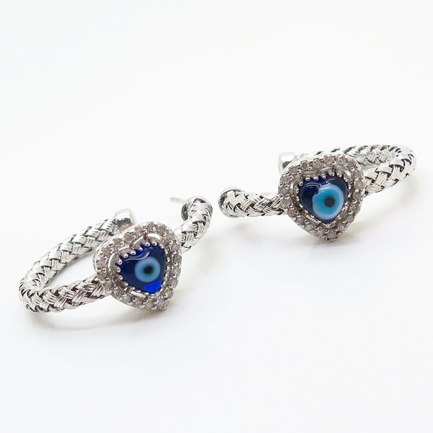 925 Sterling Silver Real Diamond & Art Glass Evil Eye Woven Design Hoop Earrings