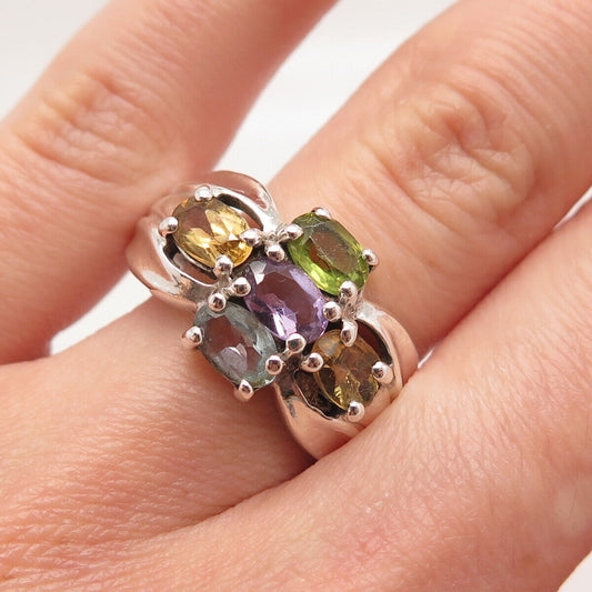 925 Sterling Silver Vintage Amethyst Citrine Peridot Topaz Gem Ring Size 7.25