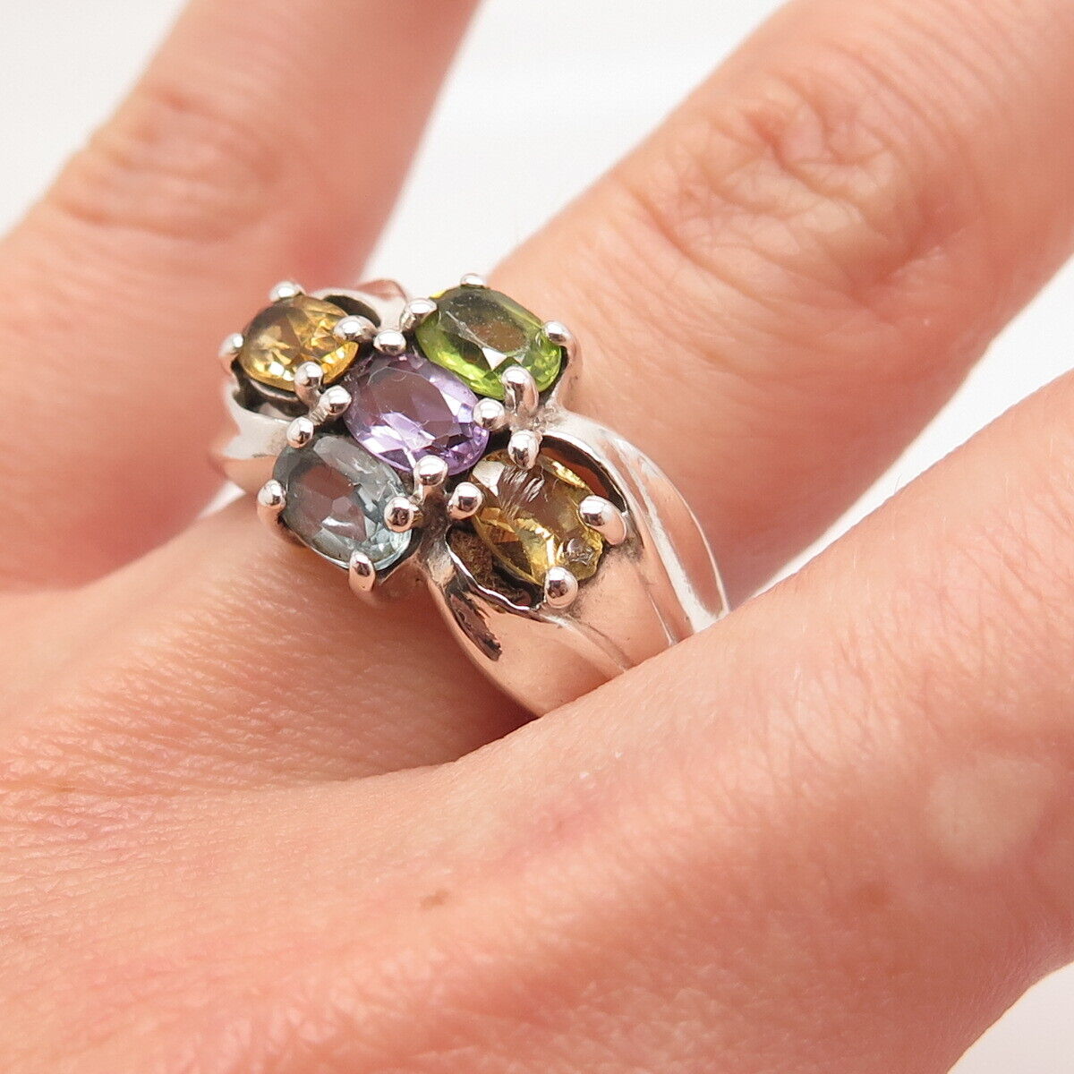 925 Sterling Silver Vintage Amethyst Citrine Peridot Topaz Gem Ring Size 7.25